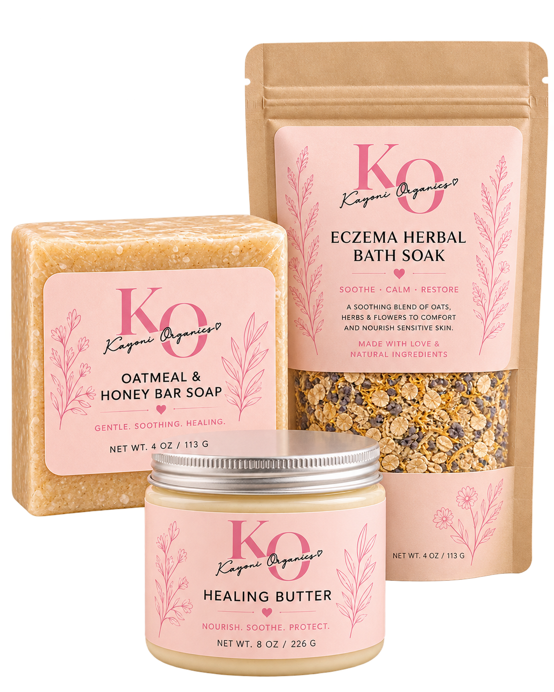 Kayoni Organics Kids Eczema Bundle - Oatmeal Honey Bar, Eczema Bath Soak, Healing Butter