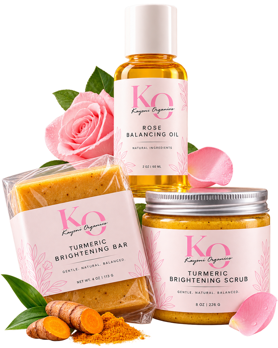 Kayoni Organics Ultimate Glow Trio - Rose Balancing Oil, Turmeric Brightening Bar and Scrub